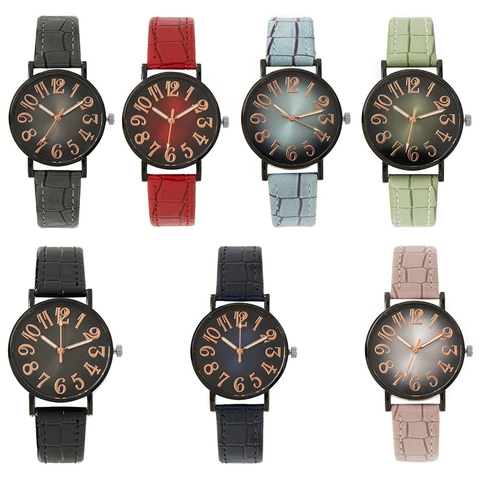 Dames Mode Quartz Horloge Krokodillenpatroon Leren Band Gradiënt Wijzerplaat Grote Arabische Cijfers Casual Analoog Polshorloge