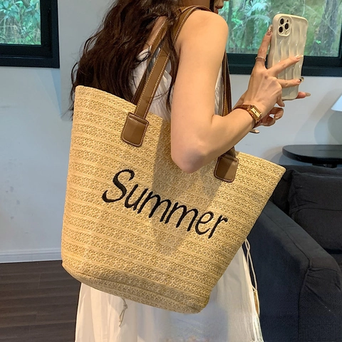 Women Summer Straw Woven Tote Bag Large Capacity Beach Shoulder Handbag With PU Leather Handles And Letter Embroidery