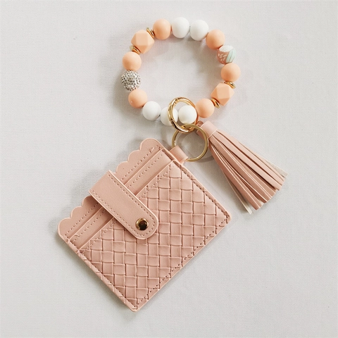 Silicone Wood Beaded Bracelet Keychain PU Leather Card Holder Wallet Tassel Wristlet Bangle Accessories For Women