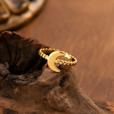 Anillo De Acero Inoxidable Forma De Luna Vintage Francés Cuentas Diseño Abierto Ajustable Chapado En Oro 18K