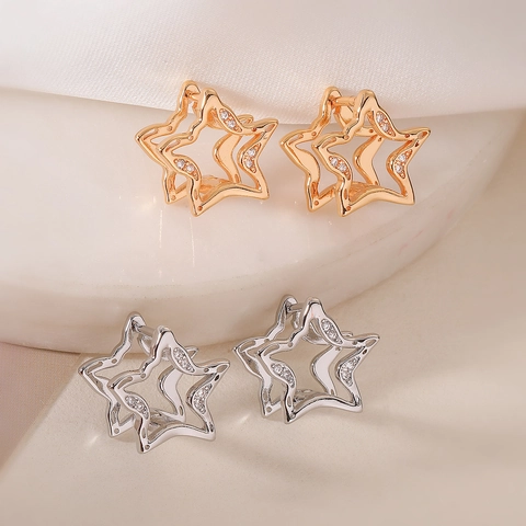 Orecchini A Cerchio Stella Rame Placcato Oro Zirconia Cubica Doppio Strato Cavo Geometrico Gioielli Moda Donne