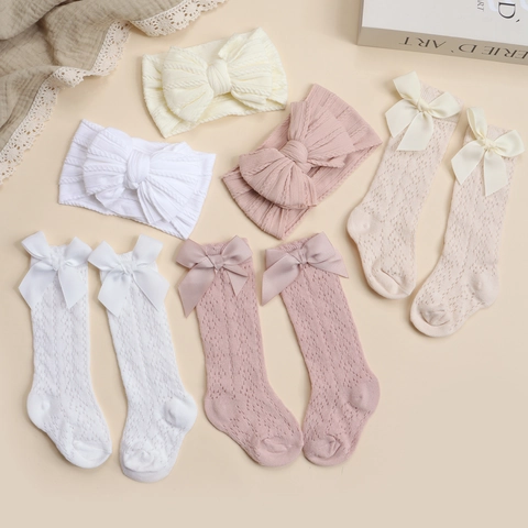 Baby Headband And Socks Bowknot Nylon Jacquard Cotton Knitted Hollow Breathable Princess Accessories Infant Toddler
