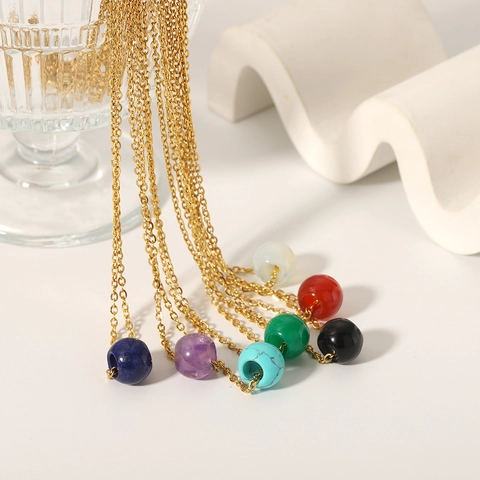 Vintage Natural Stone Pendant Necklace For Women Stainless Steel Gold Plated Minimalist Colorful Cylindrical Gemstone Jewelry