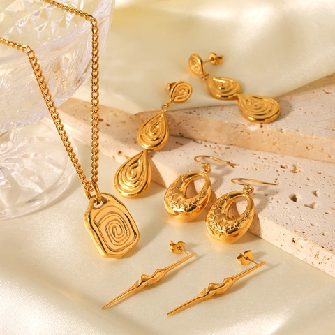 Stainless Steel Irregular Vortex Pendant Necklace And Geometric Gold Plated Earrings For Women Tarnish Free Retro