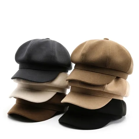 Vintage Newsboy Cap For Women Brushed Solid Color Baker Boy Hat Retro Japanese Style Warm Octagonal Cap Adjustable