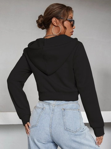 Women Black Cropped Zip Up Hoodie Long Sleeve Streetwear Slim Fit Polyester Hooded Sweatshirt