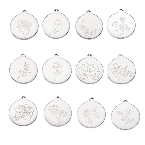 Runde Geburtsblumen Anhänger 304 Edelstahl Gravierte Florale Charms Für DIY Schmuckherstellung Poliertes Metall