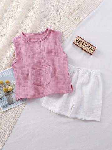 Toddler Kids Summer Cotton Gauze Pajamas Sleeveless Vest Shorts Loungewear Boys Girls Solid Color Breathable Sleepwear Matching Outfit