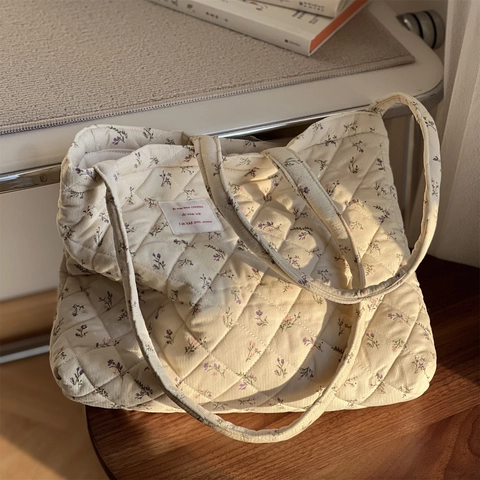 Sac Fourre-tout Matelassé En Velours Côtelé Grande Capacité Imprimé Coeur Floral Sac À Épaule Femme Décontracté Élégant