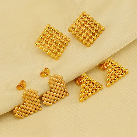 Geometric Stud Earrings For Women 18K Gold Plated Stainless Steel Beaded Texture Heart Triangle Square Minimalist Niche Jewelry