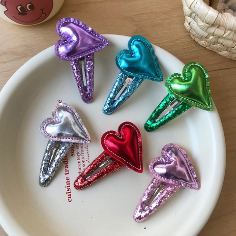 Pinzas para el Cabello de Cuero PU con Lentejuelas de Corazón para Niñas Pasadores BB de Corazón con Purpurina para Niños