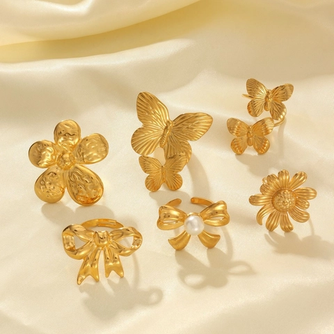 Anillo Abierto de Acero Inoxidable Vintage Chapado en Oro de 18K para Mujer Moda Mariposa Flor Margarita Lazo Perla Artificial Anillo Ajustable