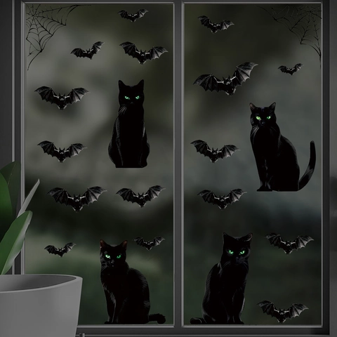 Halloween Wall Stickers Black Cat Bat Spider Web PVC Window Decals Horror Atmosphere Party Home Decoration DIY