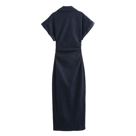 Abito Lungo In Denim Scollo A V Maniche Corte Monopetto Pieghettato Vita Alta Retro Stile Camicia Elegante Donna