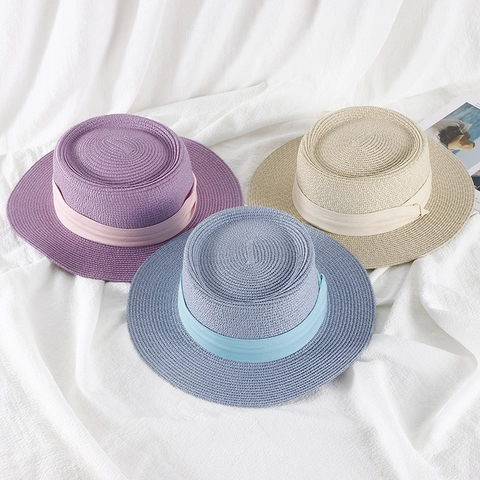 Women Summer British Style Concave Top Straw Hat Sun Protection Beach Flat Brim Casual Boater Hat With Ribbon Decoration