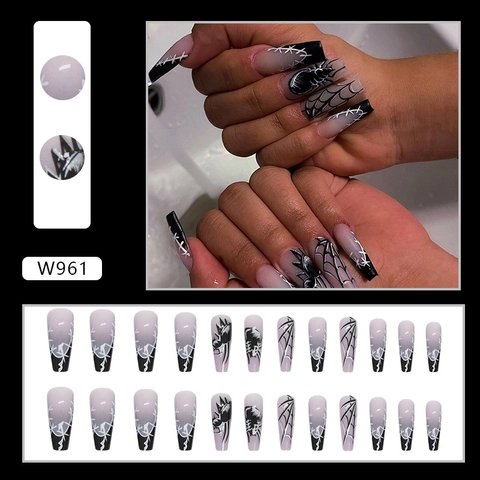 Uñas Postizas Press On Largas Bailarina Degradado Negro Morado Patrón Telaraña Estilo Gótico Halloween Para Mujeres