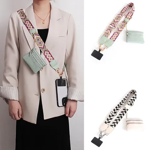 Tracolla Larga Rimovibile Cordino Telefono Poliestere Intrecciato Etnico Con Mini Pochette Cerniera Pelle PU Cintura