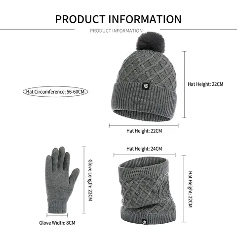 Winter Knitted Hat Scarf And Gloves Faux Alpaca Blend Fleece Lined Warm Thickened Touchscreen Rhombic Pattern Pom Pom