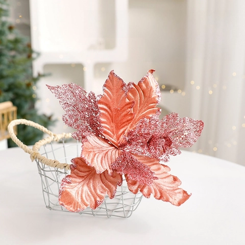 Artificial Christmas Poinsettia Flowers Glitter Velvet Fabric Hollow Out Shiny Xmas Tree Ornaments Home Party Decoration Elegant