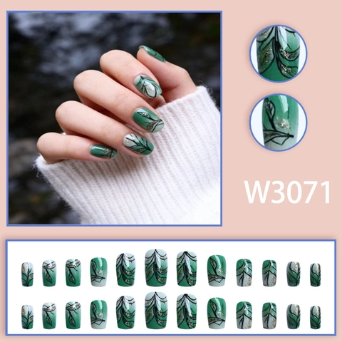 Green Gradient Short Square Artificial Nails With Hand Drawn Leaf Patterns And Sparkling Gold Glitter Finish Elegant Manicure