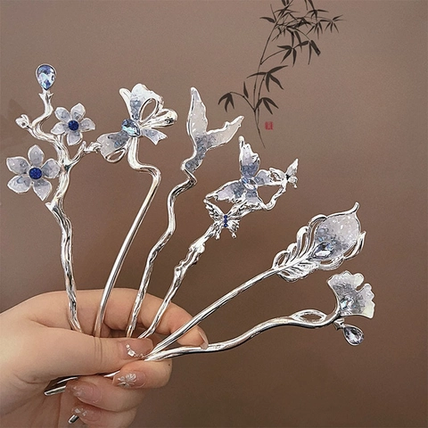 Bastoncino Per Capelli Cinese Vintage Lega Cristallo Blu Farfalla Fiore Accessorio Elegante Per Donna Hanfu