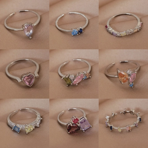 Bague Ouverte Réglable Pour Femme Cuivre Plqué Or Zircone Cubique Colorée Bijoux De Doigt Minimalistes