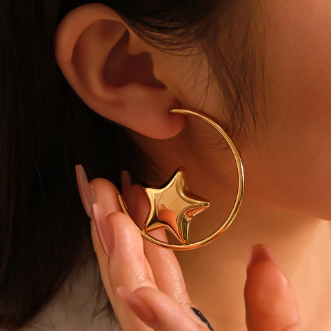 Stainless Steel Star Hoop Earrings 18K Gold Plated Hollow C-Shaped Statement Jewelry For Women Ins Style Geometric
