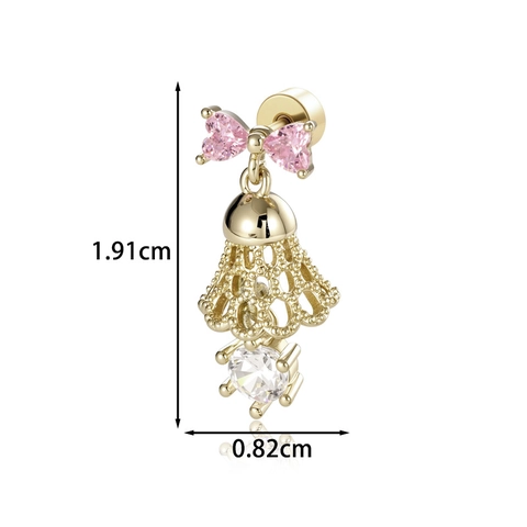 Pink Bow Hollow Bell Pendant Cartilage Stud Earring Titanium Steel Copper Zircon Screw Back Piercing Jewelry Women