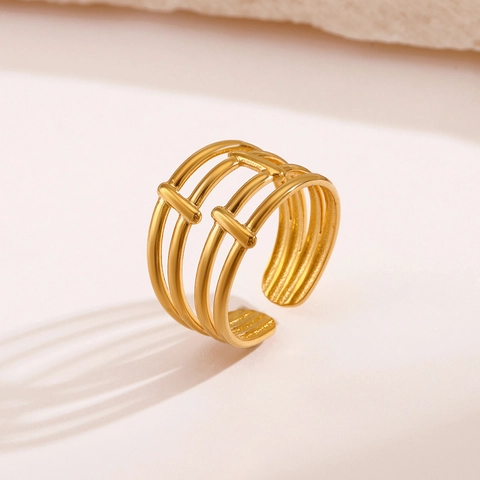 Minimalistischer Mehrlagiger Linienring Edelstahl Vergoldet Geometrisch Hohl Verstellbarer Offener Ring Für Damen