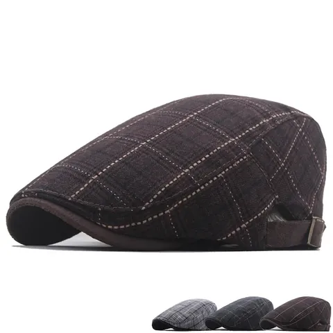 Men's Vintage Plaid Flat Cap Retro British Style Adjustable Duckbill Beret Newsboy Hat Outdoor Sunshade Polyester