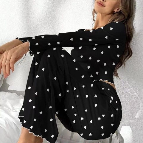 Women Pajama Top And Pants Heart Print Lettuce Trim Lace V Neck Ribbed Knit Polyester Elastane Comfy Sleepwear