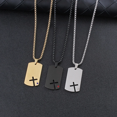Hollow Cross Pendant Necklace Stainless Steel Dog Tag With Rhinestone Personalized Hip Hop Jewelry For Men Women