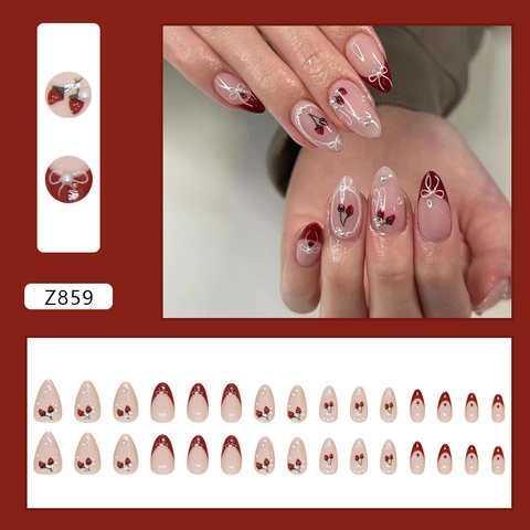 Uñas Postizas Cherry Artificial Pearl French Almond Shape Artificiales Para Mujeres Manicura Dulce Linda