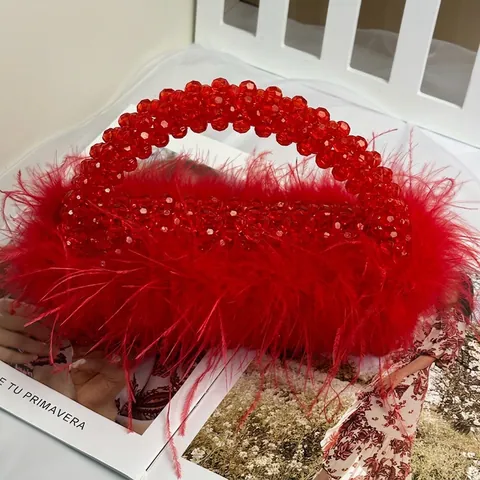 Ostrich Feder Perlen Handtasche Retro Elegant Handgefertigte Acryl Perlen Abendtasche Für Damen Party