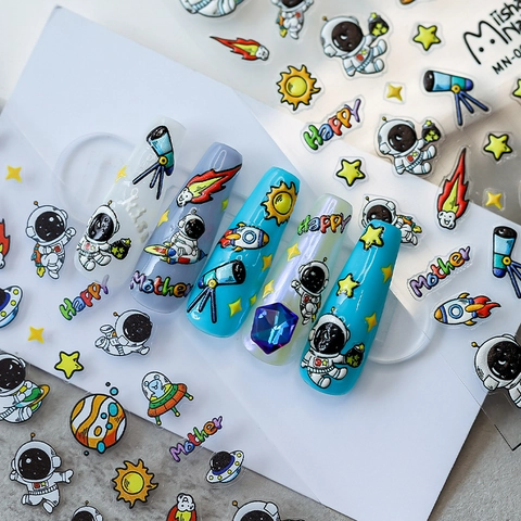 Autocollants Art Des Ongles Astronaute Espace Relief Gaufré Auto-Adhésif Dessins Animés Planètes Fusée Décoration Manucure Pour Femmes