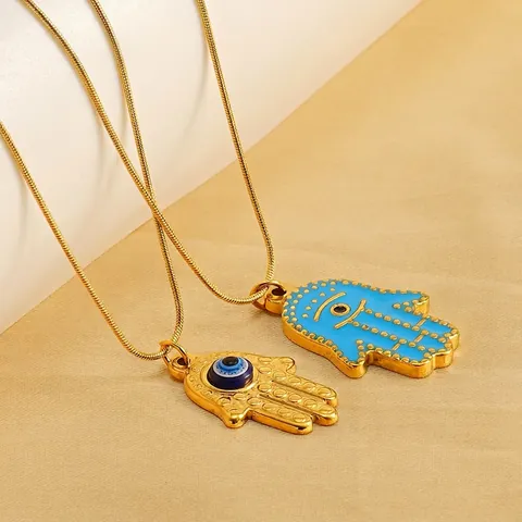 Hamsa Hand Böser Blick Anhänger Halskette 18K Vergoldet Edelstahl Blau Emaille Türkischer Schutz Schmuck Für Damen