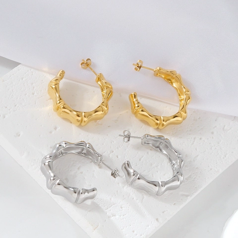 Vintage Stainless Steel Bamboo Joint C-Shape Hoop Stud Earrings For Women 18K Gold Plated Minimalist Geometric Ear Jewelry