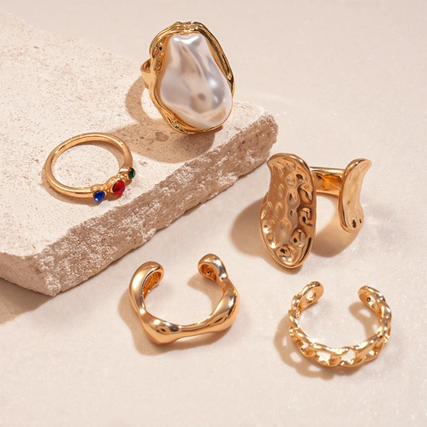 Alloy Rings With Faux Artificial Baroque Pearl And Colorful Rhinestone Irregular Geometric Hammered Texture Adjustable Jewelry Women