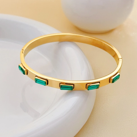 Bracciale Rigido in Acciaio Inossidabile Placcato Oro Con Intarsio in Strass Rettangolare di Lusso Per Donna Gioielli