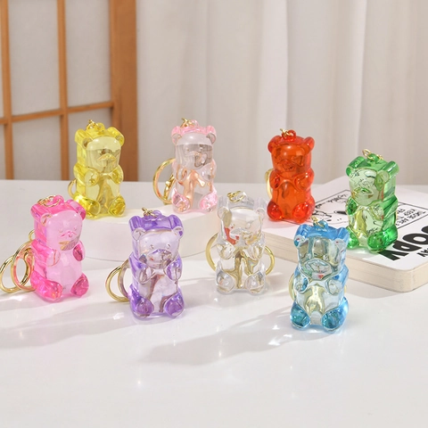 Cute Acrylic Jelly Bear Keychain Colorful Mini Bear Backpack Pendant Gold Chain Key Ring For Students Daily Decoration