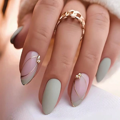 Press On Nails Lang Mandel Salbeigrün Rosa Farbverlauf Goldene Linien Strass Dekor Französisch Elegante Künstliche Fingernägel