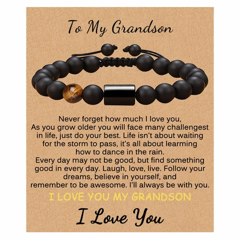 Bracciale Di Perle In Occhio Di Tigre E Agata Nera Opaca Con Biglietto Auguri Regalo Per Figlio Nipote Marito Fidanzato