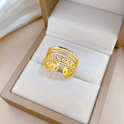 Minimalistischer Mehrlagiger Kettenring Vergoldetes Messing Offen Verstellbar Geflochten Strukturiert Fingerschmuck Für Damen