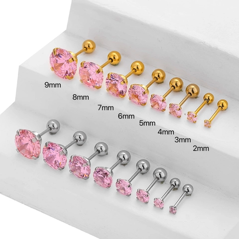 Stainless Steel Pink Zirconia Stud Earrings Minimalist Round Threaded Screw Back Cartilage Piercing Jewelry For Women
