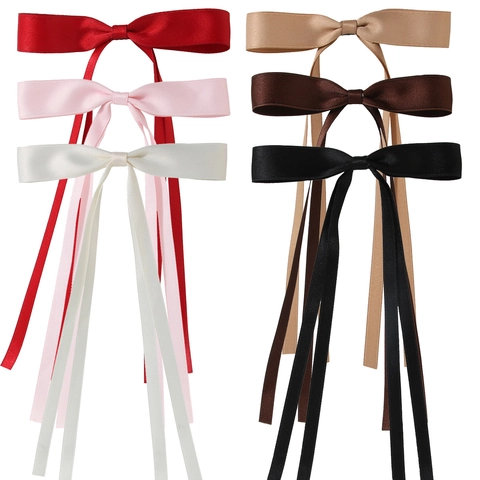 Satin Ribbon Bow Hair Clips With Long Streamers Elegant Solid Color Duckbill Hairpin For Women Girls Hair Accessories