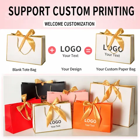 Bolsas De Regalo De Papel Con Lazo De Cinta Y Asas De Cuerda Para Bodas Fiestas Compras Embalaje Elegantes Bolsas De Cartón
