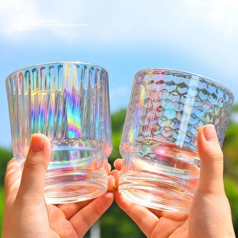 Colorful Iridescent Glass Coffee Tumbler With Straw And Lid Rainbow Striped Water Cup Elegant Drinking Glassware