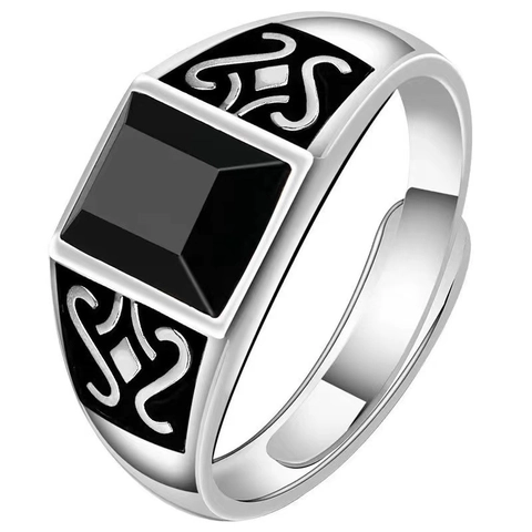 Herren Vintage Totem Ring Verstellbar Quadratisch Schwarz Obsidian Stein Legierung Retro Punk Schmuck