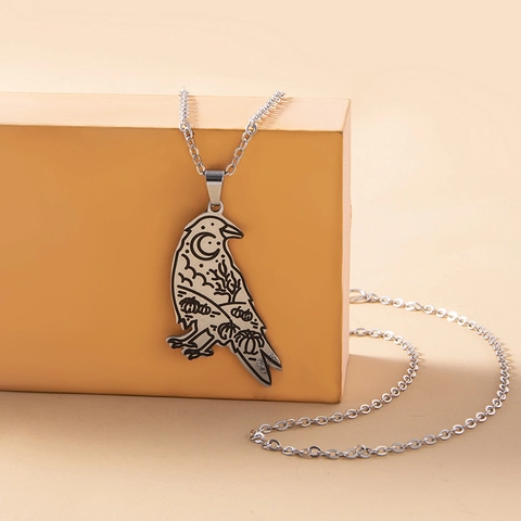 Crow Raven Pendant Necklace Stainless Steel Engraved Moon Pumpkin Tree Halloween Gothic Punk Biker Jewelry For Men Women