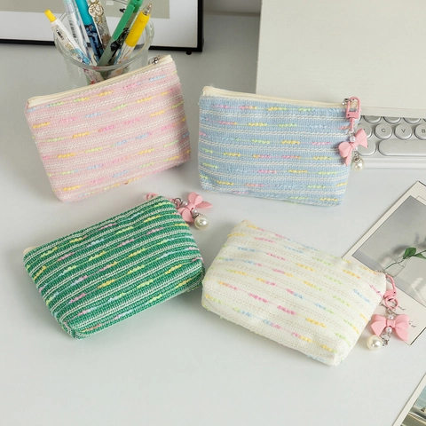 Monedero De Tweed Bolsa De Cosméticos Pequeña Portátil Con Amuleto De Perla Artificial Lazo Estuche De Almacenamiento Mujer